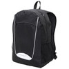A black backpack featuring a mesh side pocket and a logo. It has a front zip pocket and padded back for comfort.