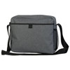 A grey satchel with a front pocket, adjustable shoulder strap, and side mesh pocket. Features a logo.