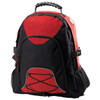 A red and black backpack with a top handle, exterior pockets, and a logo. It features a mesh side pocket and decorative cord.