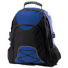 A blue and black backpack featuring a front compartment, mesh side pockets, and a top handle. It has a logo.