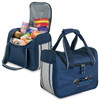 A navy blue cooler bag with a zippered opening, filled with snacks and featuring a logo.
