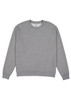 A grey crew sweatshirt with ribbed cuffs and a hem, featuring a simple design and a logo.