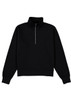 A black women's jumper featuring a 1/4 zip and long sleeves, with a ribbed hem and cuffs. It has a logo.