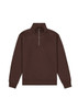 A brown 1/4 zip jumper with a high collar and long sleeves, featuring a branding logo.