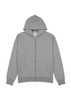 A grey zip hoodie featuring a front pocket and a hood, with a logo on the label.
