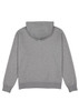 A grey zip-up hoodie with a hood and ribbed cuffs. The back view displays a simple, clean design and features a logo.