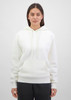 A white women's hoodie featuring a front pocket and drawstring hood, displayed on a model against a neutral background.