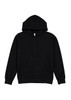 A black women's hoodie with a large front pocket, drawstrings, and a hood. The hoodie features a logo.