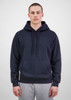 A navy men's hoodie with a front pocket and drawstring hood, modeled by a man, against a plain background.