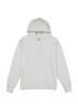 A white hoodie with a front pocket, drawstrings, and a large hood. It features a logo.