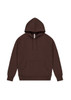 A brown hoodie with a front pocket, adjustable drawstrings, and a hood. It features a logo.