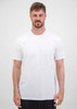 A white short sleeve tee for men is displayed on a model against a plain background. The tee features a logo.