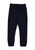 Navy track pants with an elasticated waist and a single back pocket, featuring a logo.