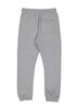 A pair of grey track pants featuring an elastic waistband and a back pocket. It has a logo on the fabric.