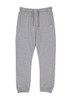 A pair of grey track pants with an elastic waistband and pockets, featuring a logo.