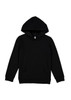 A black hoodie featuring a front pocket and a drawstring hood, with a small logo on the label.