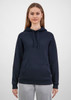 A dark navy women's hoodie featuring a front pocket and drawstring hood, modelled by a woman.