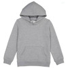 A grey hoodie with a front pocket and an attached hood, featuring a logo.