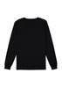 A black long sleeve tee featuring a plain back design and fitted cuffs. It includes a logo at the neck area.