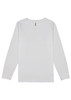 A long-sleeve white t-shirt featuring a simple design and a brand logo.