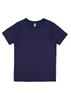 A plain navy blue short sleeve tee for kids, featuring a simple design and a logo on the label.