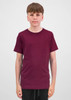 A youth short sleeve tee in burgundy with a simple design, featuring a logo on the fabric.