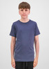 A youth short sleeve tee in navy blue, displayed on a model against a neutral background.