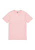 A pink short sleeve T-shirt featuring a crew neckline and a logo on the label.