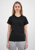 A black short sleeve tee for women, featuring a fitted design and paired with light grey pants. It has a logo.