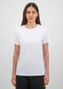 A white short sleeve t-shirt for women, displayed on a model against a neutral background. Features a logo.