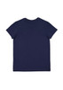 A navy blue short sleeve women's t-shirt featuring a simple design and a logo on the back.