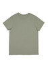 A green short sleeve T-shirt featuring a simple design and a logo on the back.