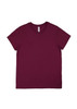 A burgundy short sleeve tee with a round neckline and a logo on the label.