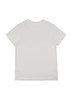 A white women's short sleeve t-shirt featuring a simple design and a small logo on the back.