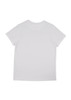 A white short sleeve women's T-shirt featuring a simple design and a logo.