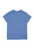 A blue women's short sleeve tee featuring a plain design and a logo on the back.