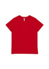A red women's short sleeve tee featuring a simple design and a branding label.