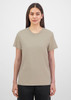 A women's short sleeve tee in a muted beige colour, featuring a simple design and a logo on the front.