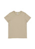 A beige women's short sleeve t-shirt featuring a simple design and a logo on the label.