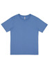 A blue short sleeve tee with a round neckline and a label inside, featuring a logo.