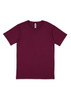 A maroon short sleeve tee with a plain design and a label inside, featuring a logo.