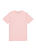 A pink short sleeve T-shirt with a crew neck and a logo tag on the neckline.
