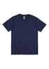 A navy short sleeve tee with a round neckline and a label, featuring a plain design and no visible graphics.