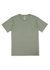 A short sleeve t-shirt in a muted olive green colour, featuring a simple design and a logo at the neckline.