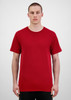 A man stands wearing a red short sleeve t-shirt. The t-shirt has a simple design and features a logo.