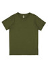 A green short sleeve T-shirt with a crew neck and no visible designs or patterns. It features a branding label.