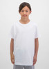 A white short sleeve tee for kids, displayed on a model standing against a neutral background.