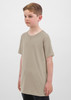 A short sleeve t-shirt in a light beige colour, featuring a simple design and a branding logo.