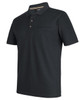 A black polo shirt made of recycled polyester, featuring a pocket and a logo on the collar.