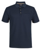 A navy polo shirt made of recycled polyester, featuring a pocket and a branded logo.